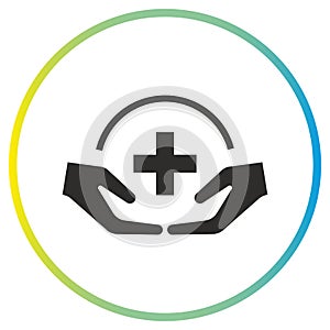 provision of first aid icon, hands holding medical cross, medical care, flat symbol on white background