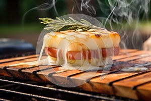 provolone cheese bubbling on cedar plank grill