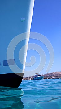 Prow of boat in blue sea