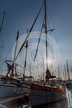 Prow and masts at twilight