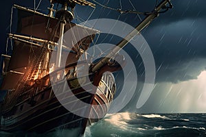 prow of pirate ship through stormy sea, with lightning bolts in the sky