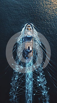 Prow of ship navigating through a digital sea