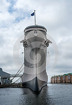 Prow of the USS Wisconsin warship docked in Norfolk Virginia