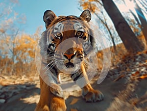 Prowling Tiger in Autumn Forest