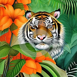 Prowling tiger in a tropical rainforest AI art