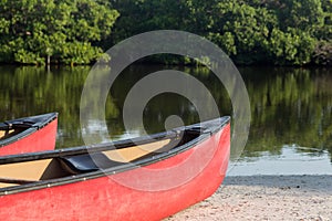 Prows or front of two plastic kayaks or canoes photo