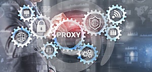 Proxy. Network administrator access the proxy server. Technology concept