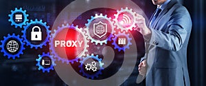 Proxy. Network administrator access the proxy server. Technology concept