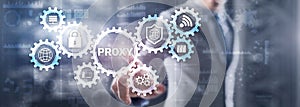 Proxy. Network administrator access the proxy server. Technology concept