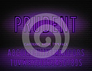 Prudent sign with violet neon narrow alphabet on dark brick background. Vector illustration photo