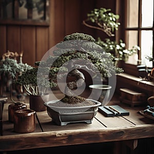 pruned bonsai tree in a traditional Japanese ceramic pot