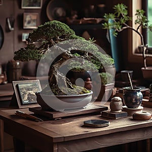 pruned bonsai tree in a traditional Japanese ceramic pot