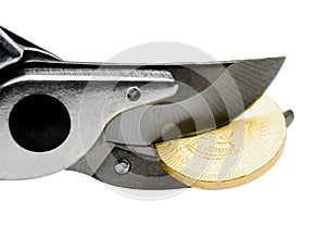 Pruning shears cutting coin