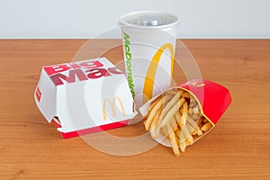 McDonald`s Big Mac menu with French Fries and Coca-Cola for drink.