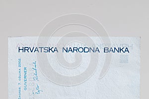 Pruszcz Gdanski, Poland - May 26, 2022: Sign The Croatian National Bank Croatian: Hrvatska narodna banka on HRK Croatian kuna