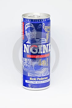 Ngine energy drink classic with Nicki Pedersen on the can. Nicki Pedersen is Danish three time World Championship.