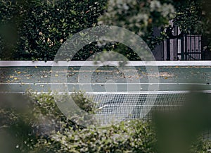 pry peek view through the foliage of the tennis court, hotel area, unkempt tennis practice field