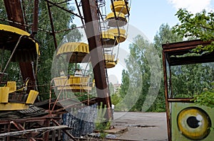 Prypiat ferris wheel close-up in Chernobyl exclusion zone, Ukraine