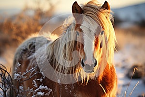 Przewalskis horse portrait v winter time in mongolia