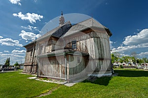 Przysiolek, Lubelskie, Poland - May 14, 2023: Historic wooden Roman Catholic Church from 1746