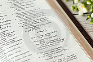Psalm 114, open holy bible book on wooden table, close-up