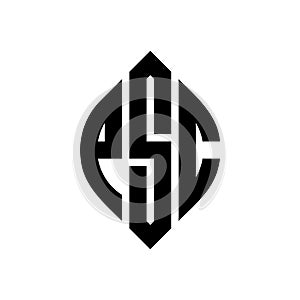 PSC circle letter logo design with circle and ellipse shape. PSC ellipse letters with typographic style. The three initials form a