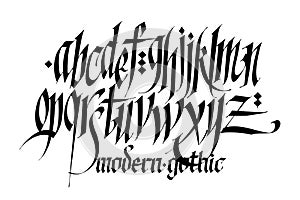 Pseudo-gothic, English alphabet. Vector. Font for tattoo, personal and commercial purposes. Letters and elements are isolated on a
