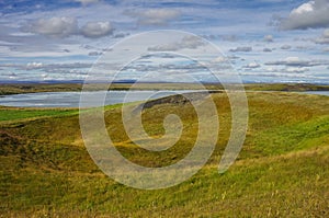 Pseudocraters and valcano mount. Lake Myvatn summer landscape, I