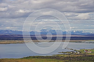 Pseudocraters and valcano mount. Lake Myvatn summer panorama fro