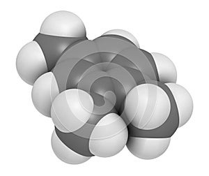 Pseudocumene (1,2,4-trimethylbenzene) aromatic hydrocarbon molecule. Occurs in naturally in coal tar and petroleum. 3D rendering.