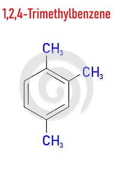 Pseudocumene aromatic hydrocarbon molecule. Occurs in naturally in coal tar and petroleum. Skeletal formula.
