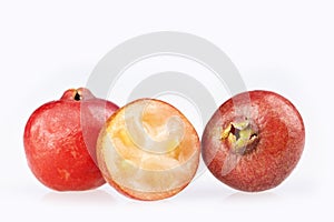 Psidium cattleianum - Strawberry guavas. White background