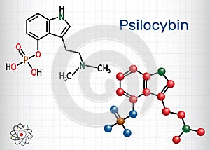 Psilocybin alkaloid molecule. It is naturally psychedelic prodrug. Structural chemical formula and molecule model. Sheet of paper