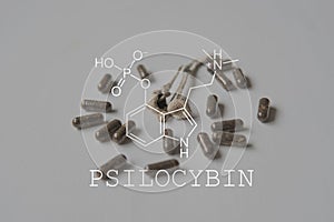 Psilocybin psychedelic formula. Psychoactive natural drug. Medical psilocybin on the health of Mental health