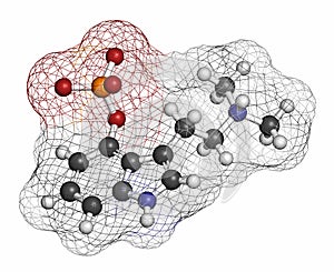 Psilocybin psychedelic mushroom molecule. Prodrug of psilocin. Atoms are represented as spheres with conventional color coding: photo