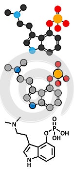 Psilocybin psychedelic mushroom molecule. Prodrug of psilocin. Stylized 2D renderings and conventional skeletal formula.