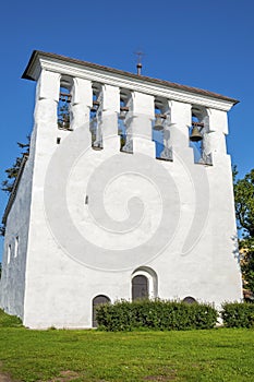 Pskov, belfry of the Orthodox Church of the assumption from the Ferry