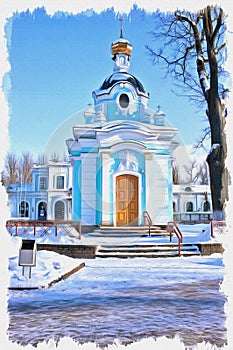 Pskov. Chapel of the resurrection or the Royal chapel. Imitation of a picture. Oil paint. Illustration