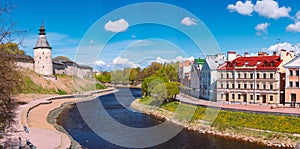 Pskov church and kremlin with blue cloudy sky