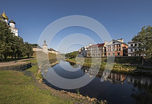 Pskov fortress and Golden embankment on the river Pskov.