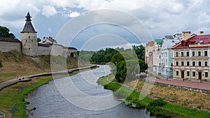 The Pskov Kremlin and The Golden Embankment on the Velikaya River on a summer day