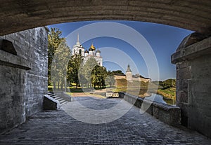 Pskov Kremlin. Holy Trinity Cathedral and bell tower.