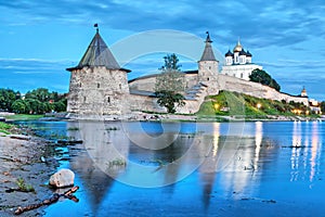 Pskov Kremlin and Ploskaya tower in the evening