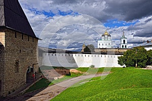 Pskov Kremlin at sunny autumn day.