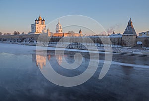 Pskov Kremlin in the winter in the first rays of the sun