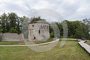 Pskov, Mikhailovskaya fortress tower and a fragment of the wall of the Roundabout city, an interesting tourist place