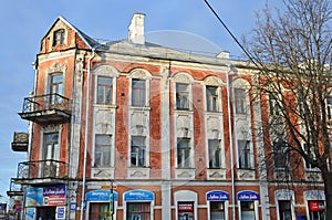 Pskov, Russia, December, 31, 2017. Apartment house of Vasiliy Potashev, 1910 year built at the address: Pskov, the Oktyabrsky Aven