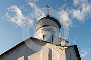 Pskov, Russia, September 6, 2023. Autumn clouds over the dome of the Church of Vasily.