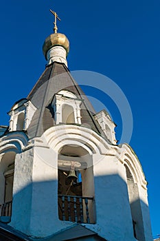 Pskov, Russia, September 6, 2023. Fragment of the bell tower of the Church of Michael the Archangel.