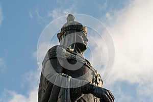 Pskov, Russia, September 6, 2023. Fragment of the monument to Princess Olga against the sky.